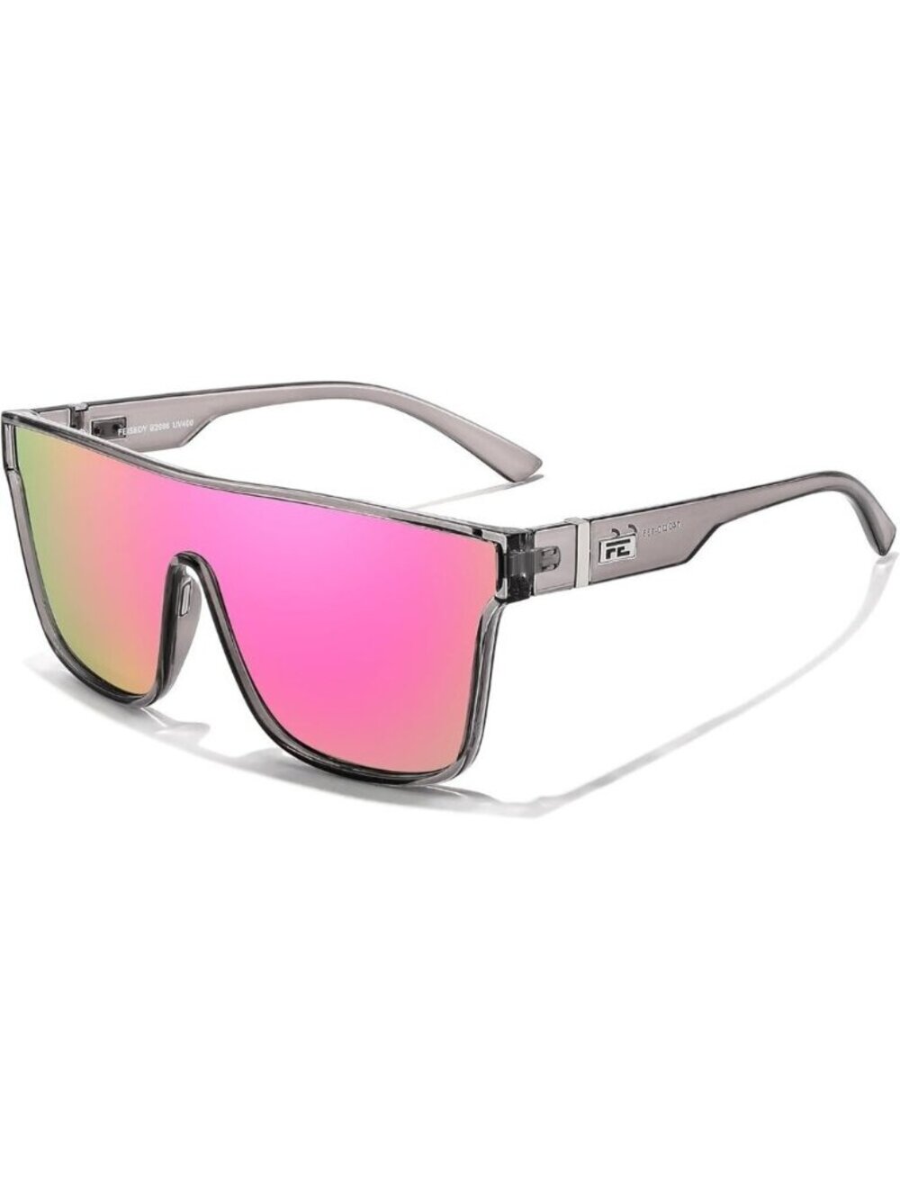Women's Transparent Grey Frame Pink Mirrored Oversized Square Large Sun Glasses